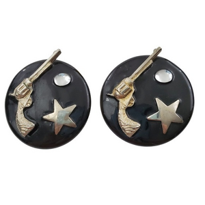 Western Gun‎ Earrings Black Gold Tone Star Big Stat